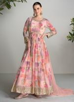 Real Chinnon Pink Wedding Wear Printed Readymade Gown With Dupatta